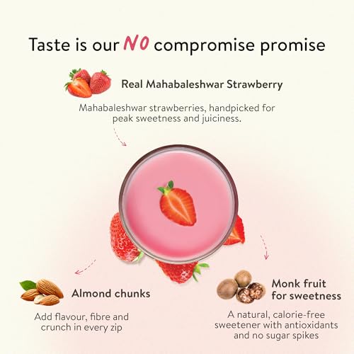 Image of Happy Cultures 24g Tastiest Plant Protein| Mahabaleshwar Strawberry & Almond Chunks| No Added Sugar| Pea & Brown Rice Protein Isolate| Vegan| 20 Complete Amino Acids| Monk Fruit Extract| Women & Men| No Bloating, Easy to Digest| Dairy Free with Probiotics - 505g