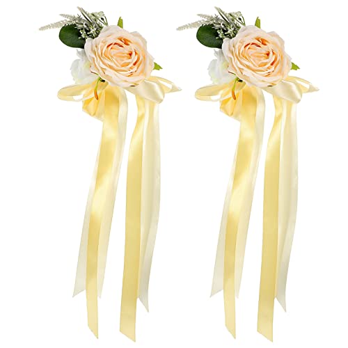Beavorty Cinta de Flores Artificiales para Boda 2 Uds. Decoración de Flores para Silla de Fiesta Tiradores de Puerta de Flores Decoración de Espejo Retrovisor para Boda Pasillo Cinta de