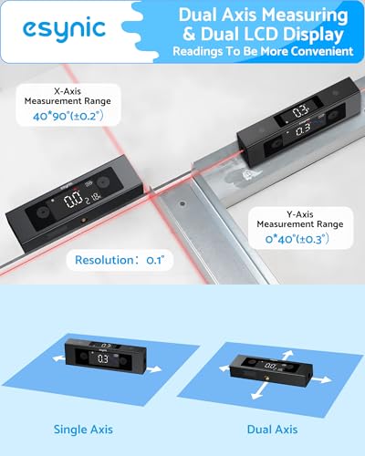 Image of eSynic Portable Digital Angle Finder with Laser IP54 Waterpoof Digital Inclinometer 2 Backlight LCD Display Aluminium Alloy Rechargeable Laser Level Tool With Cross Leveling Line(Laser Level Class II)