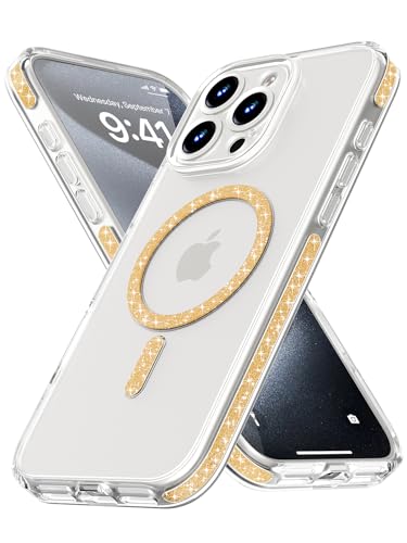 Coque iPhone 15 Pro femme paillettes dorées compatible MagSafe