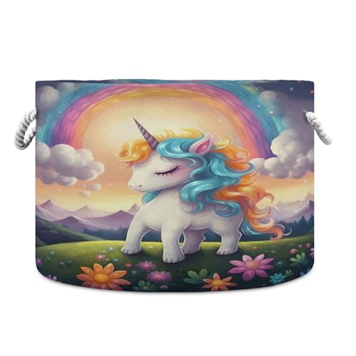 UMIRIKO Cute Unicorn Rainbow Toy Storage Bin for Kids Dog Toy Storage Basket Round Canvas Organizer Basket Toy Hamper Laundry Hamper S0401410