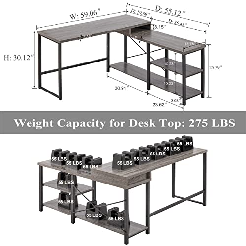 BON AUGURE L Shaped Computer Desk with Storage Shelves, Reversible L-Shaped Corner Computer Desks, Industrial Gaming Table Modern Home Office Desks (59 Inch, Dark Grey Oak)