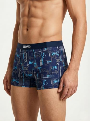 Image of BONO Mens Trunks Pack of 2 Cotton Underwear Breathable Printed Anti-Bacterial Underwear Men Trunk with No Marks Nylon Buffed Stretchable Waistband