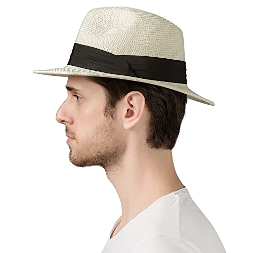 Lanzom Summer Beach Sun Hats For Men Foldable Floppy Travel Packable Staw Hat, Wide Brim Hat (Style B-Ivory White, Medium Size:fit For 22.5"-23") #TOP1