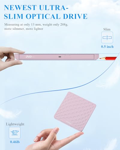Image of External CD DVD Drive for Laptop, USB 3.0 Type-C Ultra Slim 13mm DVD Player Portable CD DVD + /-RW Drive CD Burner Reader Writer Recorder for Desktop PC Windows 11 /10 /8 /7 Linux Mac OS (Pink)