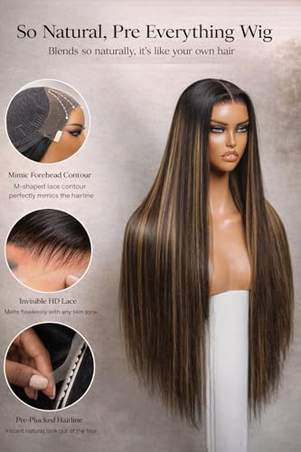 Image of Sunber Ombre Brown Balayage Highlights 13x4 Pre-Everything Lace Frontal Yaki Straight Human Hair Drawstring Wig Put On and Go Pre Cut HD Lace Pre Plucked Invisible Knots Yaki Glueless Wigs 20Inch