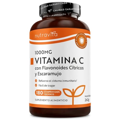 Nutravita Vitamina C 1000 mg con Bioflavonoides y Rosa Mosqueta - 180 Comprimidos Veganos, 6 Meses - Vitamina C Pura - Contribuye al Funcionamiento Normal del Sistema Inmune (EFSA)