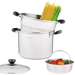Stainless Steel Pasta Pot With Strainer Insert 4pc 10 Quart, Steamer for cooking, Spaghetti Pot, Stock & Pasta Pots Multipots, Steamer Set With Basket With Lid, Induction Compatible