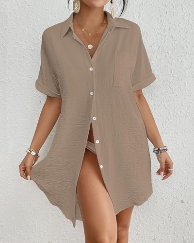 Image of Bsubseach Women Swimsuit Coverup Shirt Dress Button Down Bathing Suit Cover Up Beach Vacation Outfits