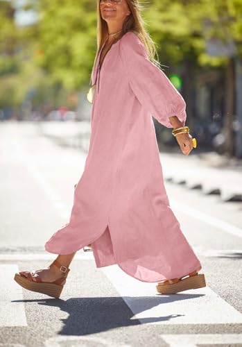 Image of chouyatou Women Summer Long Sleeve Notch Neck Maxi Linen Shirt Dress Loose Button Down Tunic Shift Dress