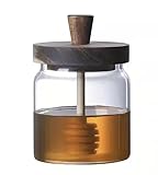 Glass Honey Jar with Wooden Lid and Dipper, Modern Kitchen Storage Container. Glass Honey Jar with attached Wooden Stirrer