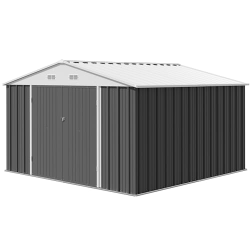 Devoko 10 x 10 FT Outdoor Storage Shed, Metal Garden Sheds & Outdoor Storage Clearance, Large Tool Shed Outdoor with Single Lockable Door for Patio Lawn Backyard (Gray)