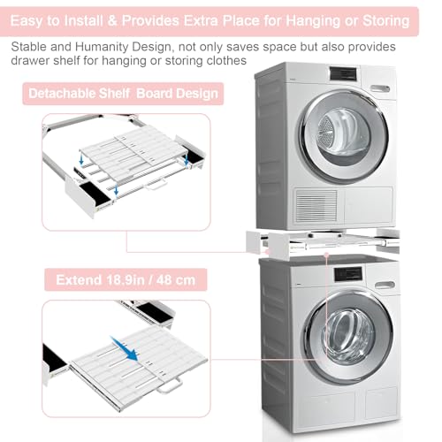 NIUXX Washing Machine Stacking Kits with Shelf, Universal Stacking Kit with Sliding Shelf, Adjustable Stacking Shelf for 53-68 cm Tumble Washer and Dryer, with Ratchet Rope and Detachable Shelf Board