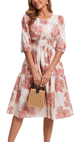 Image of Kormei Women Summer Casual Boho Floral Round Neck 3 /4 Sleeve Smocked Waist Tiered Flowy Swing Midi Dress M Pink Floral