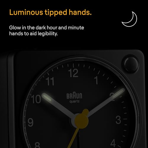 Image of Braun Classic Travel Analogue Alarm Clock with Snooze and Light, Compact Size, Quiet Quartz Movement, Crescendo Beep Alarm in Black, Model BC02XB.