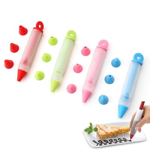 QUDUME 4Pcs Cake Decorating Pen, Silicone Food Writing Detachable DIY Cake Icing Pen Chocolate Cake Decoration Tool 4 color with 4 Heads