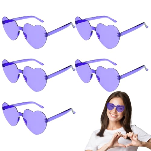 PLULON 5 Pairs Heart Sunglasses for Women Purple Glasses Rimless Heart Shaped Sunglasses Candy Color Fun Glasses for Party Favor (Purple)