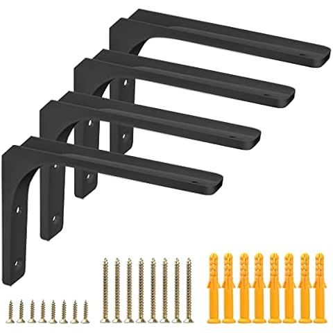 Shelf Brackets Supports,4 Pcs 200mm Heavy Duty L Shape Metal Shelf Brackets for Scaffold Board Shelving,Iron Industrial Hanging Kitchen Shelf Brackets for Wall(Black) Cover