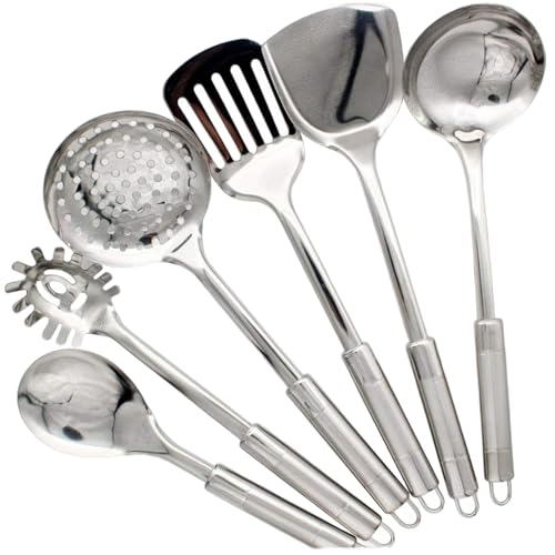 Utensilios De Cocina Acero Inoxidable Cucharones De Cocina Juego De Cucharas Para Cocinar Conjuntos De Utensilios De 6 Piezas/Establecimiento De EspáTulas Colgantes De Pared Resistentes
