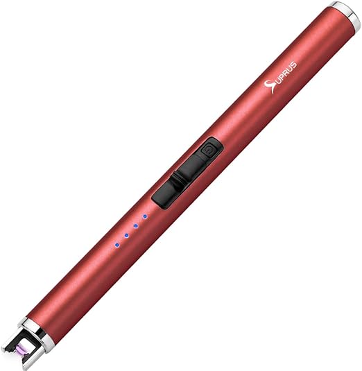 SUPRUS Electric Lighter Candle Type C Rechargeable Lighter with Upgraded LED Battery Display Safety Switch Flameless Plasma Windproof for Candle Cooking BBQs Fireworks (Red)