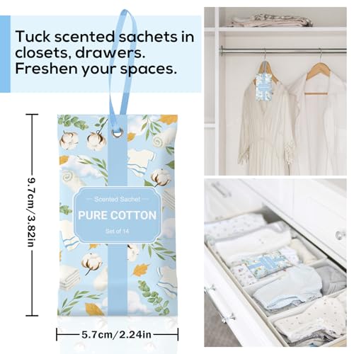 SCENTORINI Scented Sachets for Drawers and Closets, Pure Cotton Scent 14 Pack, Long-Lasting Sachets Bags Wardrobe Freshener, for Drawers, Closets, Cars - Image 5