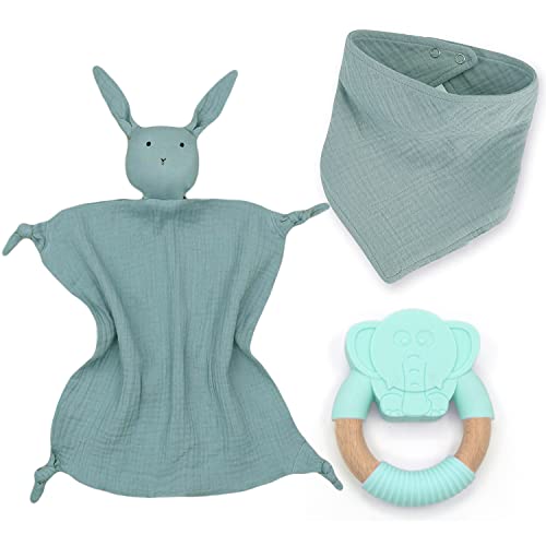 YONGIAGA Baby Geschenkset Schnuffeltuch und Beißring 100% Baumwolle - Musselin Tuch - Geschenke zur Geburt Schmusetuch Beißring und Lätzchen Baby Geschenk zur Geburt für Junge und Mädchen 3-teilig