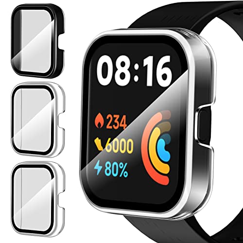 ivoler 3 Piezas Funda para Xiaomi Redmi Watch 2 Lite, Protección Completa Protector de Pantalla de Cristal Vidrio Templado Duro PC Anti-arañazos Carcasa, 2 Transparente + 1 Negro