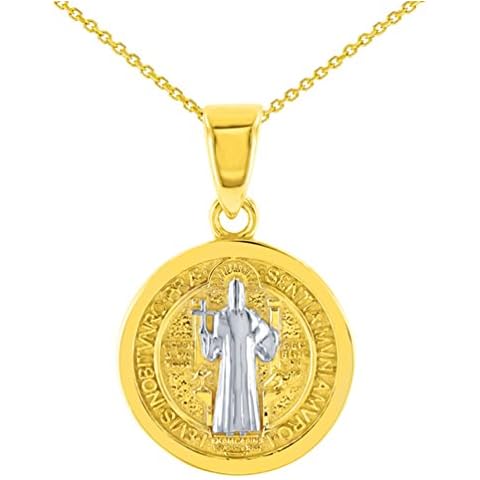 Solid 14K Yellow Gold Polished St Benedict Medal Charm Saint Pendant Necklace Cover