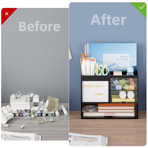 Marbrasse Desk Organizer with 3 Drawer, Multi-Functional Pencil Pen Holder for Desk, Desk Organizers and Accessories with 4 Compartments, Desktop Organizer Storage for Office Home Art Supplies (Black)