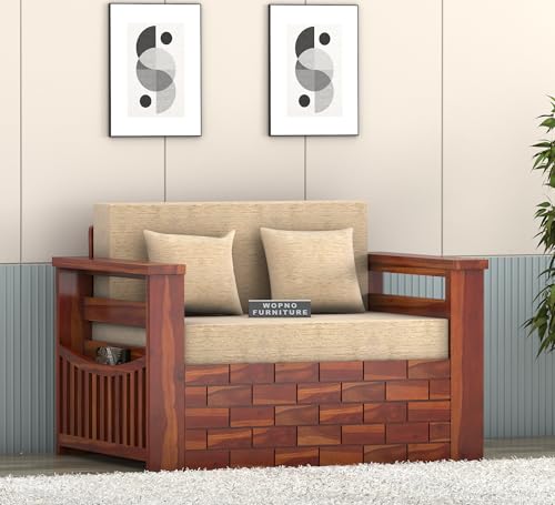 Image of Sheesham Wooden 2 Seater Sofa Cum Bed with Mattresses for Home Living Room | Rosewood 2 Seater Sofa Cums Bed for Bedroom Without Pillow | Solid Wood Sofa Bed (Honey B, 2 Seater)