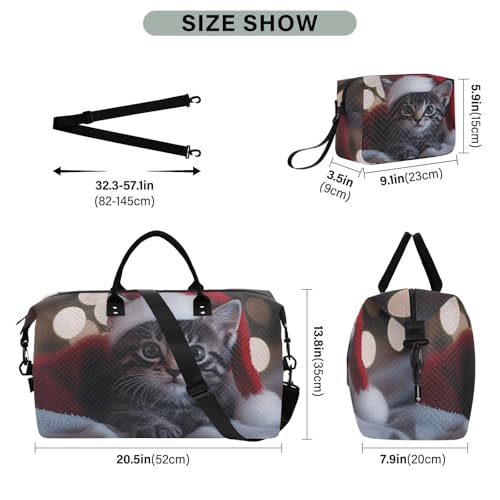 Cat Christmas Hat Cute Duffle Bag for Travel, Gym Bag with Multiple Interior Pockets for Men Women Overnight Purse Included 20.5 x 1.9 x 13.8 In3