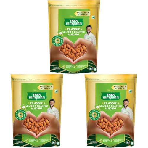 Image of Tata Sampann Classic Salted & Roasted Almonds /Badam, Flavourful & Crunchy Snack, Handpicked, Salted & Slow Roasted Almonds, Rich in Protein, Magnesium, and Phosphorus, No Artificial Colours, Preservatives & Flavours, 190g