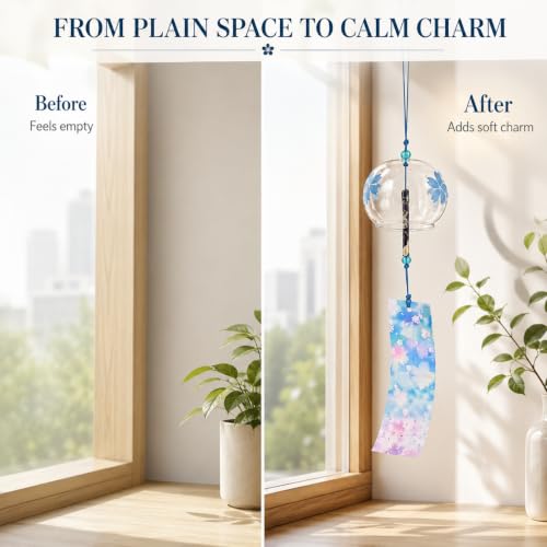 Image of Artibetter Japanese Glass Wind Chime Hanging Bell with Cherry Blossom Design | Handmade Furin Wind Bell for Home, Balcony, Garden, Patio, Window & Gift Decor (Blue)