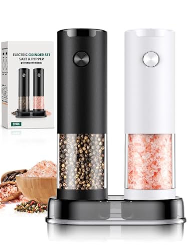 2 Pack Electric Salt and Pepper Grinder Set Automatic Battery Pepper Mill Shakers Adjustable Coarseness Easy Filling Upgraded Larger Capacity with Led (Black+White)