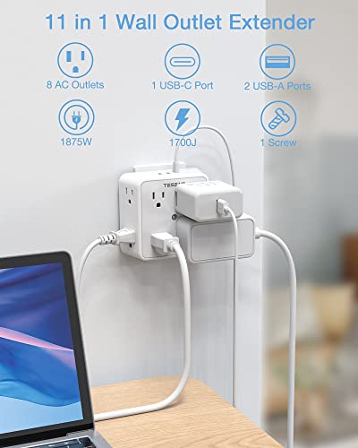 Surge Protector 8 Outlet Extender, Tessan Multi Outlet Splitter With 3 Usb Wall Charger (1 Usb C Port), 3-Sided Multiple Plug Power Strip 1700J, Usb Charging Station For Home Office Dorm Room #TOP1