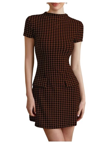 Women's Houndstooth Mock Neck Dress Short Sleeve Flared A Line Work Office Dresses