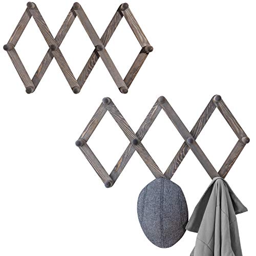 MyGift Set of 2 Wall-Mounted Rustic Gray Wood Expandable Accordian 10-Peg Coat Rack