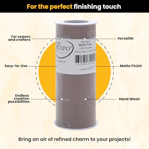 Image of Expo International Decorative Matte Tulle, Roll /Spool of 6 Inch x 25 Yards (Pack of 1), Polyester-Made Tulle Fabric, Matte Finish, Lightweight, Versatile, Washable, Easy-to-Use, Light Gray