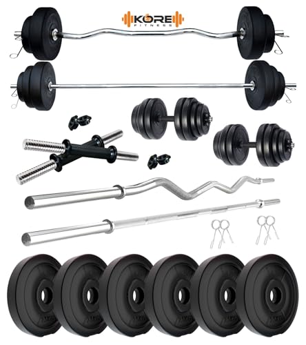 Image of Kore PVC 15 Kg Home Gym Set with One 3 Ft Plain + One 3 Ft Curl Rod and One Pair Dumbbell Rods, Multicolour