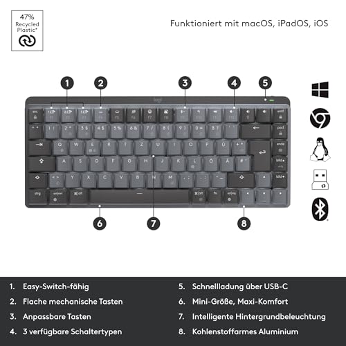 Logitech MX Mechanische kabellose Mini-Tastatur mit Beleuchtung, Taktile leise Tasten, Hintergrundbeleuchtung, Bluetooth, USB-C, macOS, Windows, Linux, iOS, Android, Metall, Deutsches QWERTZ - Grau