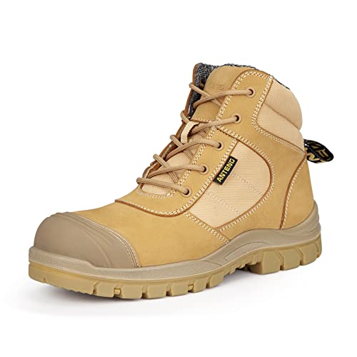 Men's Work Boots, Nubuck Leather Steel Toes Work Shoes, YKK Zipper, 6 Inch, SD, Anti-Puncture (AT501, Wheat)