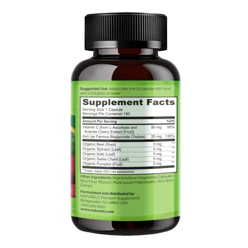 NATURELO Vegan Iron Supplement with Vitamin C and Organic Whole Foods - Gentle Iron Pills for Women & Men with Iron Deficiency Including Pregnancy, Anemia and Vegan Diets - 180 Mini Capsules - Image 4