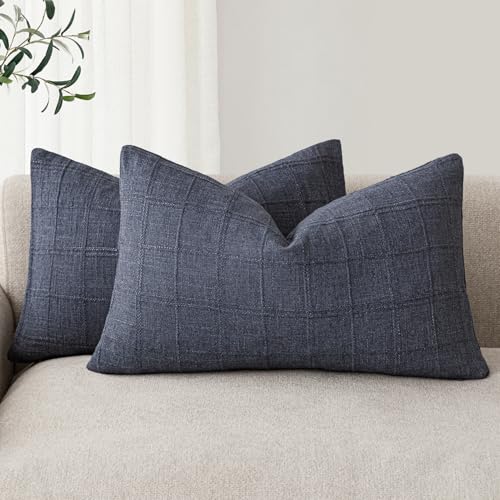 Image of Foindtower Set of 2 Decorative Linen Check Throw Pillow Covers Neutral Farmhouse Lumbar Cushion Covers Modern Boho Home Decor for Sofa Chair Couch Bedroom Living Room,12x20 Inch,Navy Blue