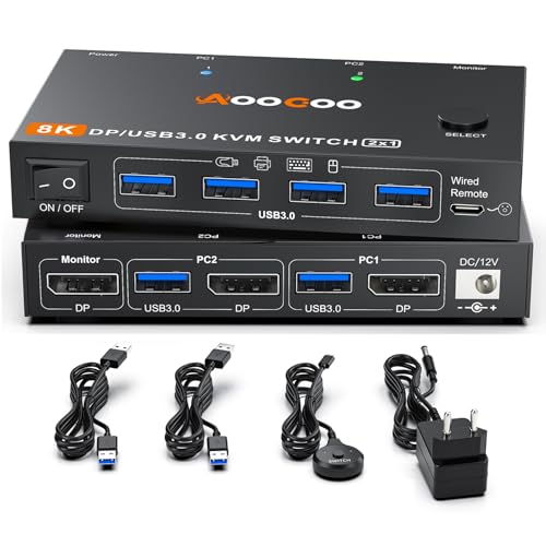 KVM Switch 2 PC 1 Monitore 8K@60Hz/4K@240Hz DP1.4 KVM Switches,2 in 1 out Displayport KVM mit Netzteil und USB3.0-Kabel im Lieferumfang enthalten