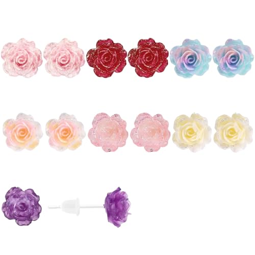 Mikovivi 7 Paires Boucles d'Oreilles Roses Plastique, Boucles d'Oreilles à Tige Forme Fleur Rose Dégradée Décorations Parfaites et Cadeaux Bijoux Floraux...