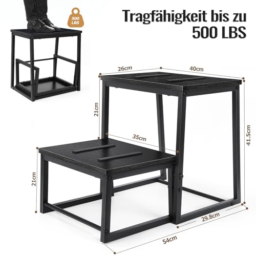 smusei 2 Stufen Tritthocker Klappbar für Erwachsene & Kinder, 3-in-1 Stabiler Holzhocker Fußbank Abnehmbar für Küche, Bad, Schlafzimmer, Toiletten, Tragfähigkeit 200KG -Schwarz