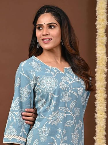 Image of Rimeline Women's Floral Printed Cotton Kurti Top | Round Notch Neck 3 /4 Sleeve Straight Fit Casual Tunic