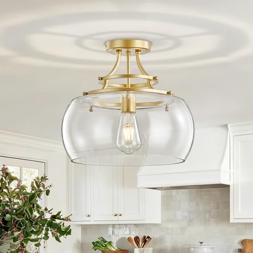 Image of KARTOOSH Industrial Round Chandelier Rustic Ceiling Light Fixture Farmhouse Pendant Light with Clear Glass Shade for Dining Room Hallway Entryway Kitchen Bedroom, Gold