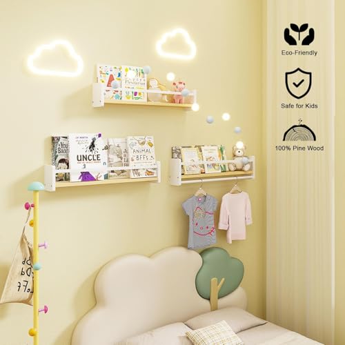 Image of MXCSE Nursery Floating Bookshelf for Kids, Wall Mounted Kids Book Shelf with Toy Storage, Pine Wood Nursery Shelves for Playroom, Bedroom, Toddler Room, Set of 3 (White & Wooden, 16 in)