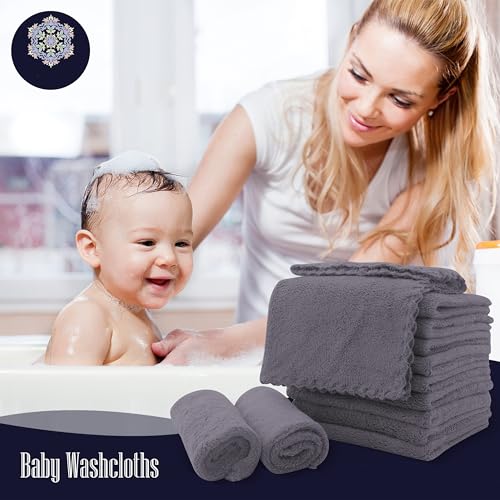 Image of 16 Pack Baby Washcloths - Luxury Coral Fleece - Extra Absorbent and Soft Wash Clothes for Newborns, Infants and Toddlers - Suitable for Sensitive Skin and New Born - Baby Shower - Grey, 10x10 Inch